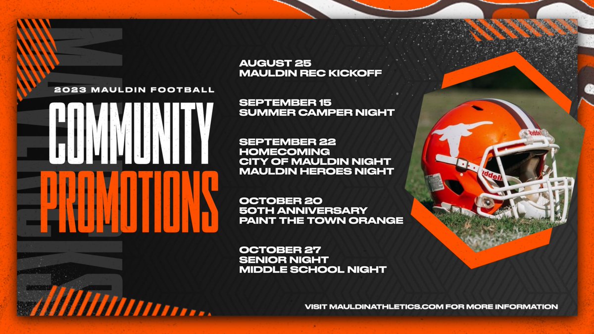 Mauldin_Athl's tweet photo. 🐂🤘🏼2023 Varsity Football 🤘🏼🐂

Promotional Schedule is released!!  

We have a ton planned to make Mauldin High School's 50th Anniversary memorable!!

Make plans to come be a part of the excitement!!

#GoMAVS #CPU https://t.co/riktdFPo0a