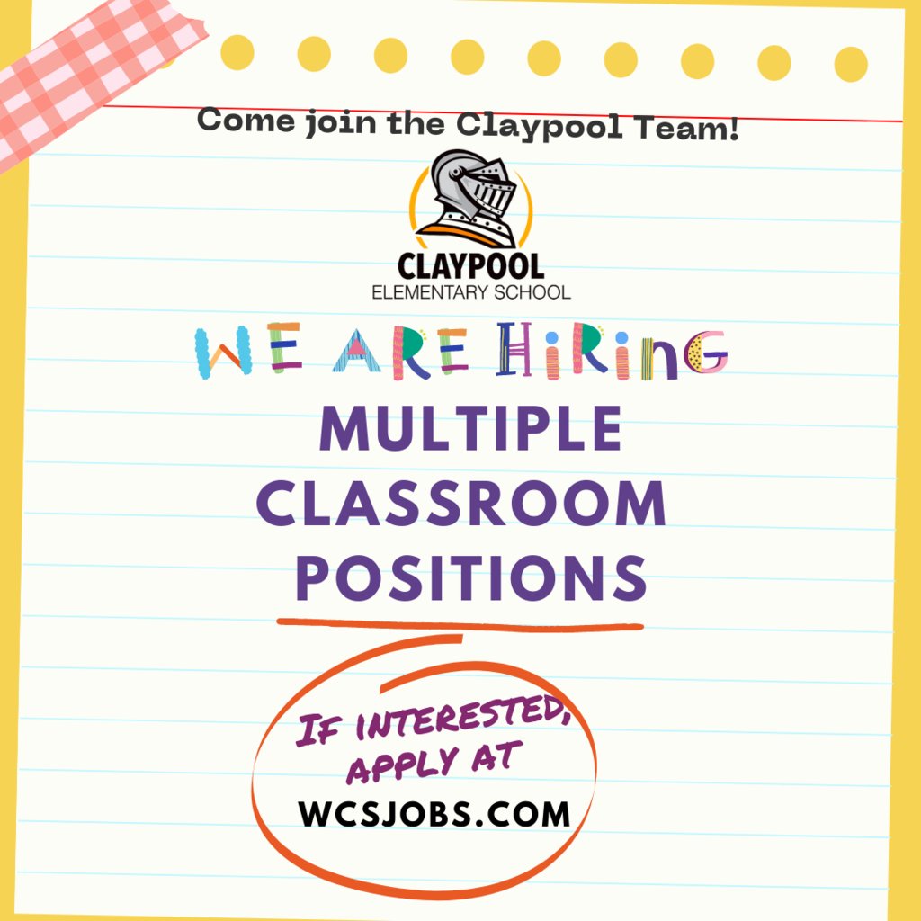 Claypool Knights (@claypoolknights) on Twitter photo Come join the Claypool family! We're hiring for multiple classroom positions! Apply at wcsjobs.com or email Kristin Sederberg at ksederberg@warsawschools.org Come join the Claypool family! We're hiring for multiple classroom positions! Apply at wcsjobs.com or email Kristin Sederberg at ksederberg@warsawschools.org