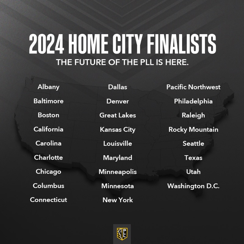 PremierLacrosse's tweet photo. The Finalists for 2024 Home Cities. 

Cast your vote through the link in our bio to bring a PLL Team to your city, state, or region!