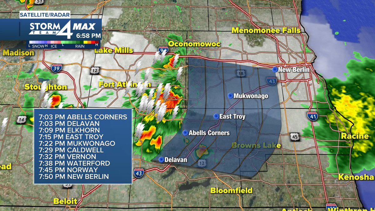 7pm - A strong storm with lots of lightning and heavy rain, and possibly gusty winds and small hail, is tracking east around 25 mph. 
Here's a look at expected arrival times over the next hour. 
Radar: https://t.co/yChMSd05F3 #wiwx https://t.co/PiEeZsIBXX