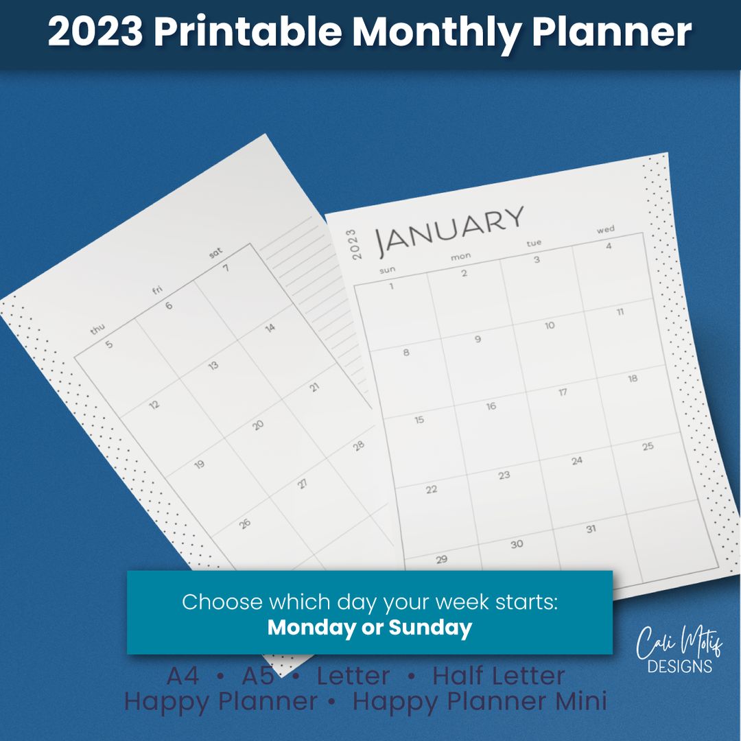 Download and print your 2023 monthly calendar on 2 pages now. Features Monday and Sunday week start and will fit a variety of planner sizes. bit.ly/3PMQv7X #planneraddict #plannerobsessed #plannercommunity #plannerspread  #iamahappyplanner #planahappylife #planner