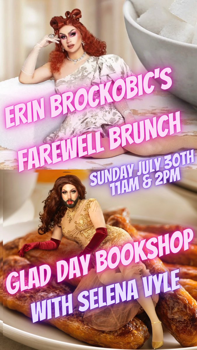 IT'S TIME TO SAY GOODBYE 👋

join me and @selenavyle for my farewell brunch on july 30 at <a href="/GDBooks/">Glad Day Bookshop</a> 🍳

tickets: linktr.ee/erinbrockobic