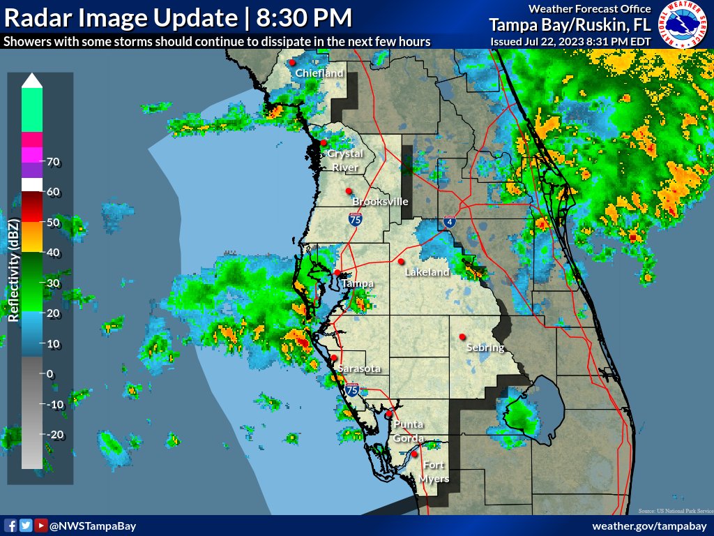 Showers with some lightning continue to develop along residual boundaries across the area, especially near Tampa Bay and Northern Nature Coast. Activity should diminish over the next few hours allowing for a calmer overnight period. Lows in the mid 70s to lower 80s. 

#FLwx https://t.co/cScOgb8hYT