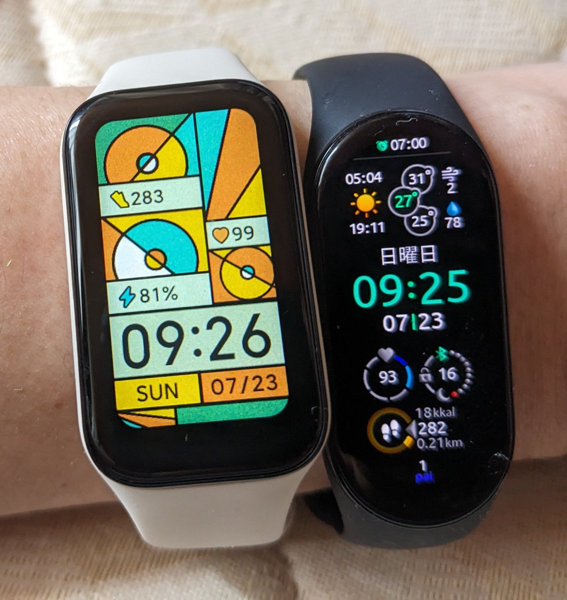 mayu2001a's tweet photo. おはです<(`・ω・´)
約4千円の #MiBand7 (真ん中)と 約5千円の #HuaweiBand7 (右)に加えて、約3千円の #RedmiBand2 (左)が加わりました…が、悲しいことに、RedmiBand7はGoogleFitに睡眠データが送信できないことが判明(´・ω・`)
#Sleepagotchi には致命的💦なんで?同じメーカーなのに?? https://t.co/PRUf3r75S7