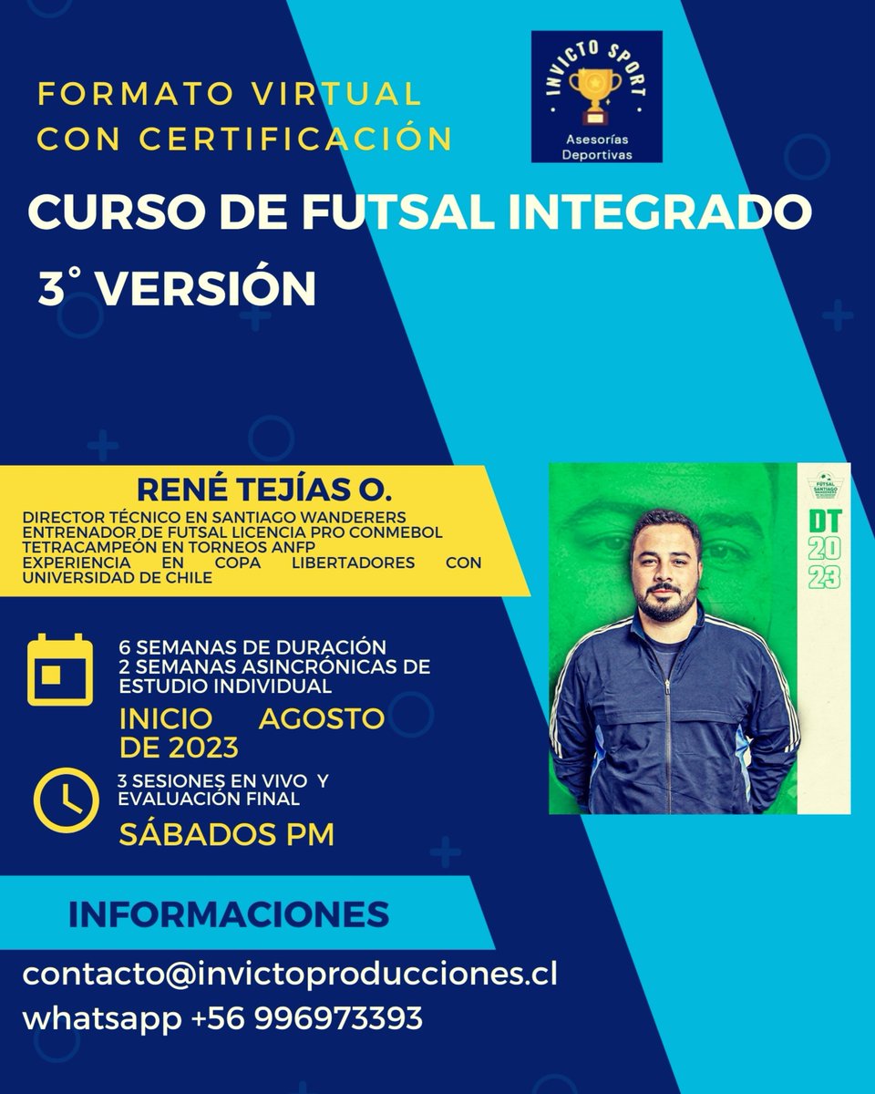 CURSO ON LINE DE FUTSAL INTEGRADO 2023, INSCRIPCIÓN 2x1

¡Atención Entrenadores de Futsal, Profesores de Educación Física, Licenciados en Actividad Física, Técnicos Deportivos y estudiantes de carreras afines¡

Durante los meses de Julio y Agosto de 2023 te puedes inscribir