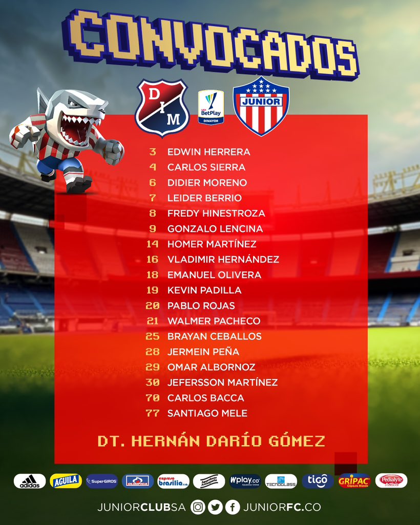 🦈✈️¡NÓMINA VIAJERA! 
Estos son nuestros convocados para afrontar la segunda fecha de la Liga BetPlay-II ante Independiente Medellín.

#VamosJunior🔴⚪️🔵