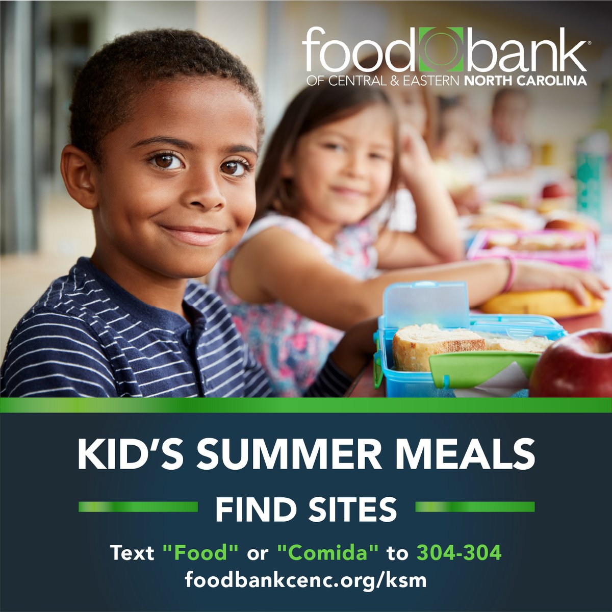 FoodBankCENC's tweet photo. Need to find a site for Free Kids Meals? 
📱Text FOODNC or COMIDA to 304-304📱  
As part of our #StopSummerHunger initiative we are working with our Partner Agencies to provide meals to kids throughout our service area during the summer months: https://t.co/Sxs9aDtstT https://t.co/9WlLbb4Cez