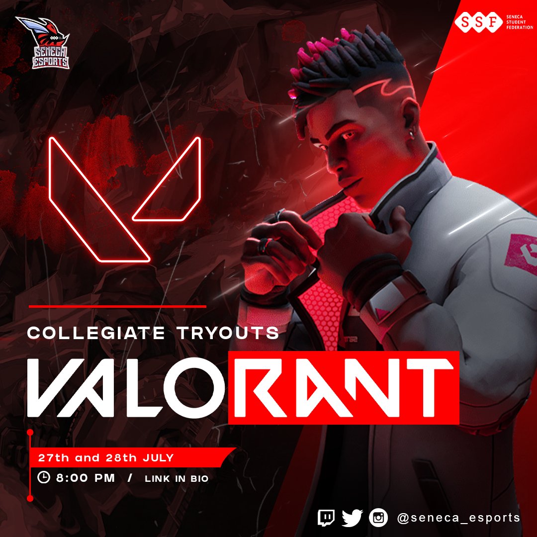 Are you ready to show off your skills and confirm your spot in the Seneca Esports Valorant team? Sign up for the upcoming collegiate tryouts on July 27 &amp; 28 and follow the link below   

forms.office.com/r/PkQLVGeJSi