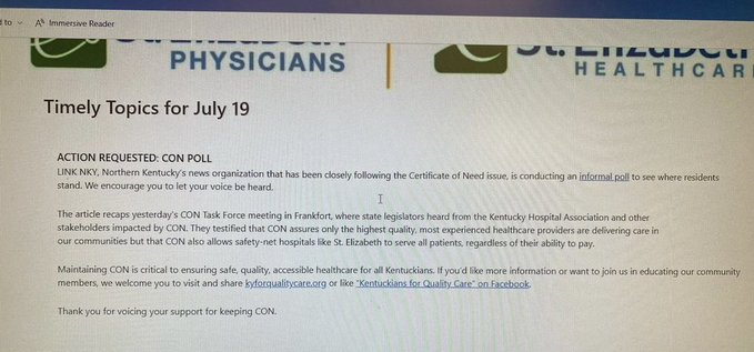 ky_statesman's tweet photo. @Mark_Paynewrite @Linknky It figures that St. Elizabeth CEO Garren "$1.6 million dollar a year salary" Colvin sent out an email telling his employees to sway the CON poll so he can keep his monopoly. It's also no surprise that he is one of the founders of LinkNKY, NKY's CNN. #ChamberNewsNetwork #RepealCON https://t.co/CzdDs4Di4Z