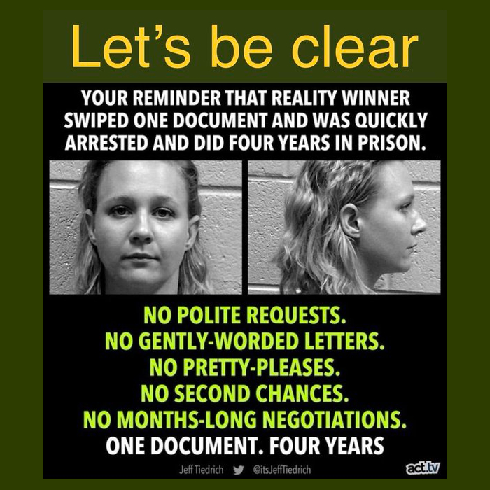 @LePapillonBlu2 .
Let’s Be Clear :

'Your reminder that #RealityWinner swiped one document and was quickly arrested and did four(4) years in prison.

💥No Polite Requests.
💥No Gently-Worded Letters.
💥No Pretty-Pleases. 
💥No Second Chances.
💥No Months-Long Negotiations.
💥One Document.…