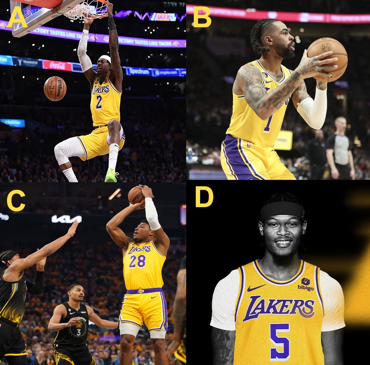 LakersSpin's tweet photo. What would cause the biggest boost to the Lakers this season?

A) Vando improving his offense
B) Dlo's shooting being more consistent
C) Rui performing like he did in the playoffs all season
D) Cam Reddish living up to his potential as a player https://t.co/OGwpqvYtWj