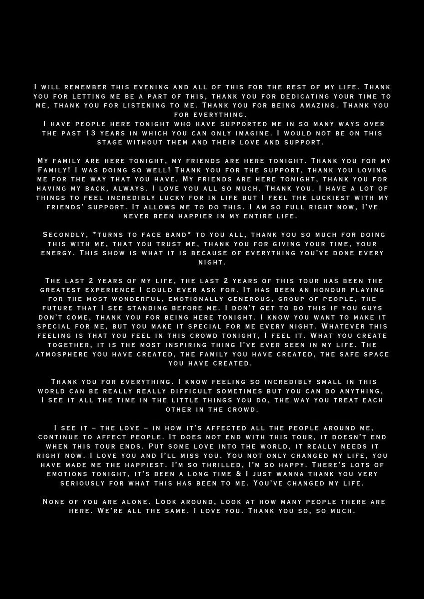 AngelaxHoran's tweet image. 『この夜、この瞬間全て、一生忘れないよ。ライブを観に来てくれたみんな、曲を聴いてくれたみんな、僕のために時間をかけてくれたみんな… 本当にありがとう。

この13年間、みんなの愛とサポートのお陰でステージに立つことが出来た。みんなが思ってる以上に僕の力になったよ。…