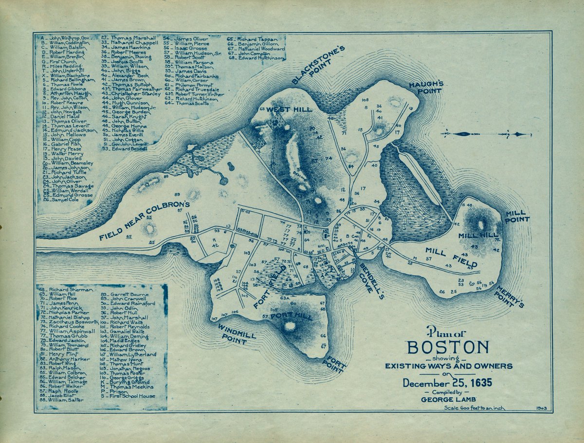 XmxHowes's tweet image. Plan of Boston showing existing ways and owners on December 25, 1635 by George Lamb. For sale here linda-howes.pixels.com/featured/plan-… #vintagebostonmap #historicmap #historicboston #antiquemap #vintagemap #historyofBoston #maps