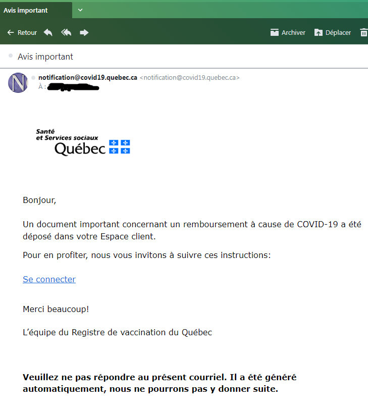 cpgiroux's tweet photo. Hmmm... Cette fraude est plus difficile à détecter que d'habitude. Adresse de provenance "crédible", pas d'erreur de français "évidente". Même l'adresse qui apparaît quand on survole le lien "Se connecter" contient "clic-santé"... https://t.co/Ha1dUcsPgp