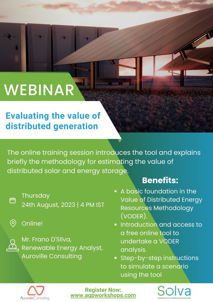 AgPractices's tweet photo. Evaluate the value of distributed solar and energy storage with SOLVA tool. Webinar 24 Aug., 4pm IST
Read more &amp; register: https://t.co/E89GYiIUhW
#Solvatool #renewableenergy #distributedenergy #cleanenergy  #sustainableenergytransformation
@AVCsustainable @WRIIndia https://t.co/5rRLaz0bN3