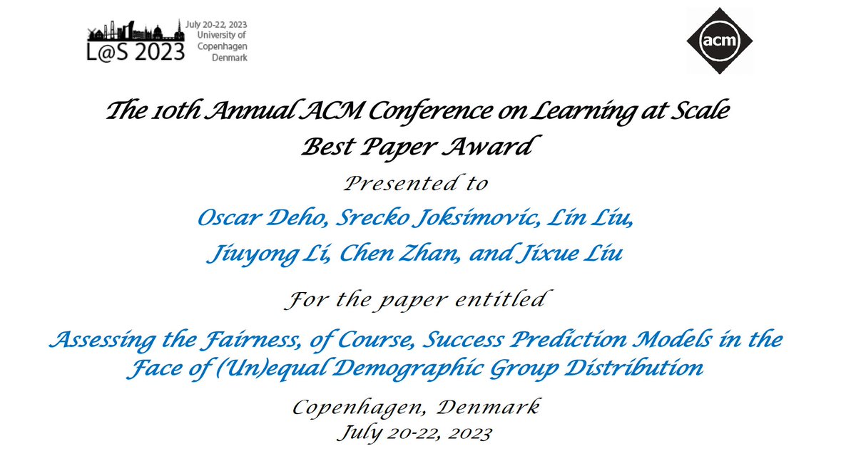 Congrats to: 1) Oscar Deho @theoscars__ @s_joksimovic and colleagues & 2. Hanson Lee, @whynotyetThorsten Joachims for the best paper awards at @LearningAtScale ! 1. dl.acm.org/doi/abs/10.114… dl.acm.org/doi/abs/10.114…