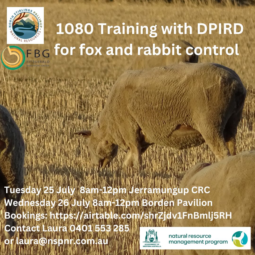 1080 Training with DPIRD for fox and rabbit control workshops are on this week!
Tuesday 25 July Jerramungup CRC
Wednesday 26 July Borden Pavilion
8am -12pm.
Register to secure your place: airtable.com/shrZjdv1FnBmlj…