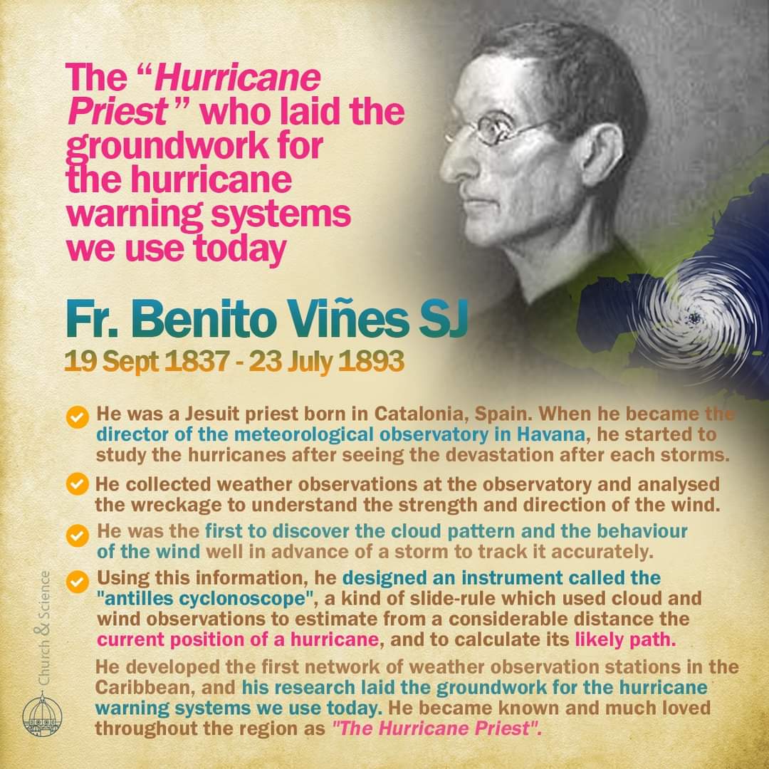 ChurchNScience's tweet photo. The “Hurricane Priest ” who laid the groundwork for the hurricane warning systems we use today - Fr. Benito Viñes SJ. He was the Director of the #Magnetical and #Meteorological Observatory of the Royal College of Belen in #Havana. 🇨🇺 🇪🇦 #churchandscience #hurricane #wind #Cuba https://t.co/aH57kuxree