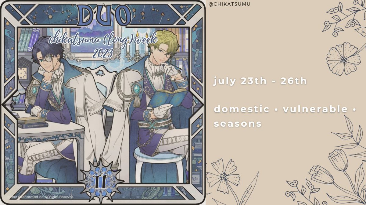chikatsumu's tweet photo. ChikaTsumu (long)week prompt for July 23 - July 26!
Use the tag #ChikaTsumuWeek2023 when submitting your works (or/and tagging this account)! ๐ฐ๐
#chikatsumu
#cktsm
#cktm
#ๅ็ดฌ https://t.co/Na78tU283x