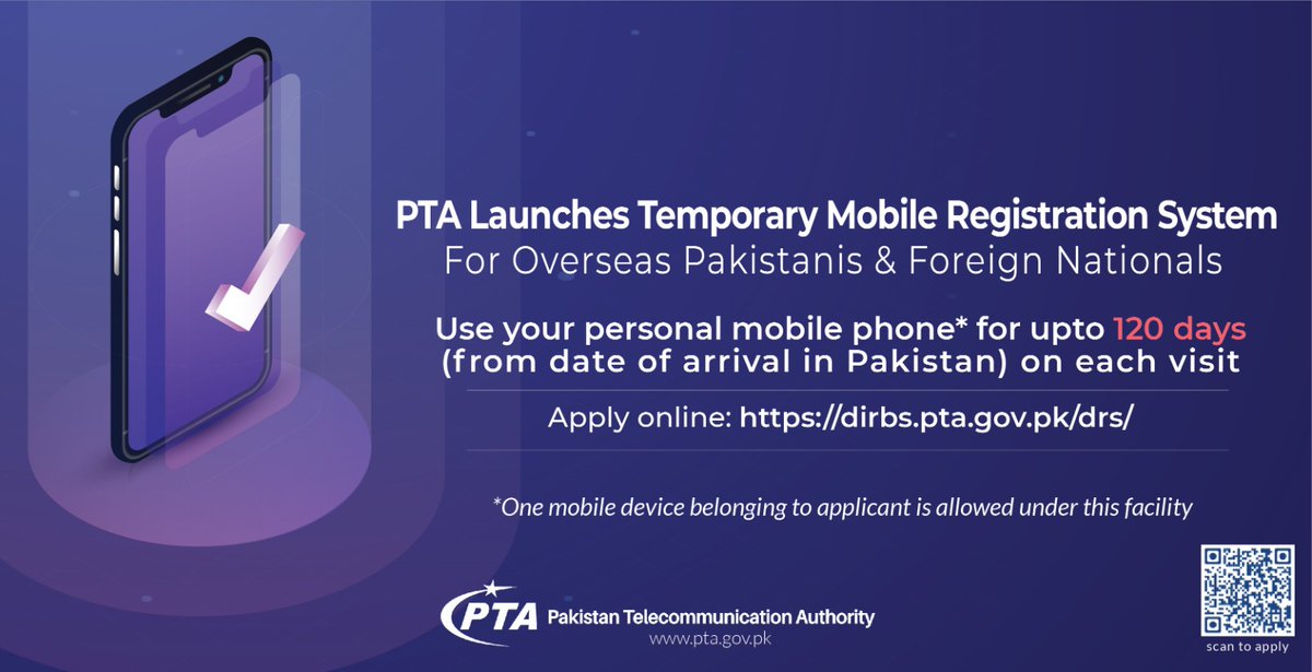 PTAofficialpk's tweet photo. 📲 Overseas Pakistans & Foreign Nationals can apply online for Temporary Mobile Registration System via: https://t.co/NGAqBaVyRJ
Learn more:
#TemporaryMobileRegistrationSystem #ConnectivityMatters https://t.co/wW2fTmOwKv
