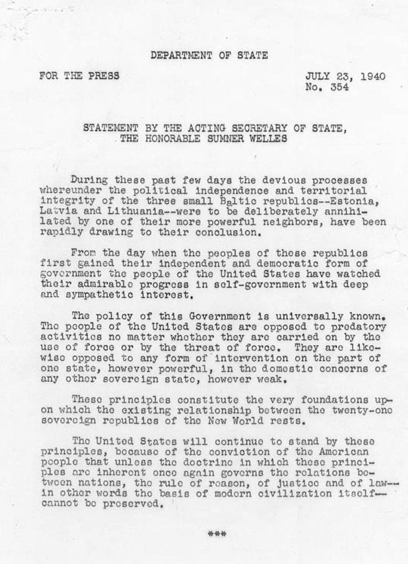 MFAestonia's tweet photo. Today marks 8⃣3⃣ years since the #WellesDeclaration.
This solemn anniversary reiterates that unwarranted seizure of territory will not be tolerated.
Its stance against such injustice remains relevant as Russia's unlawful occupation of #Ukraine🇺🇦 continues today. https://t.co/MxgygIBDQA