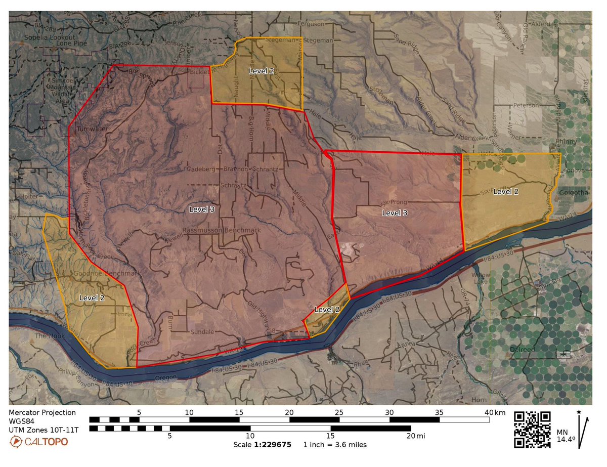 Saturday July 22, 2023. Evacuations on the Newell Road Fire.  As of 6:24pm the Bickleton/Cleveland area has been upgraded from Level 1 to Level 2 (Get Set) evacuations.   #NewellRoadFire  #FireSeason2023  #WaWildfire 
Follow Klickitat County for updates:  klickitatcounty.org/249/Emergency-…