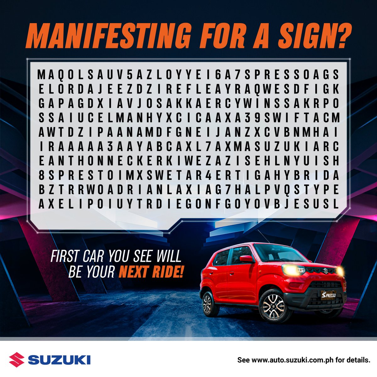 SuzukiAutoPH's tweet photo. Ready to manifest your dream Suzuki? Keep your eyes peeled and let fate guide you! The first car you spot will be your next Suzuki!  Get ready for an exciting journey ahead!

Visit https://t.co/qXDZAlADf6 for more details. https://t.co/K9l2y6zh0b