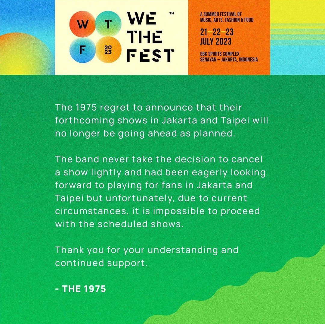 1. British band The 1975 has cancelled its upcoming shows at We The Fest in Jakarta and Taiwan, citing “current circumstances”. Meanwhile, PDRM has launched an investigation into the incident involving the band at the Good Vibes Festival on Friday, after receiving 3 reports.