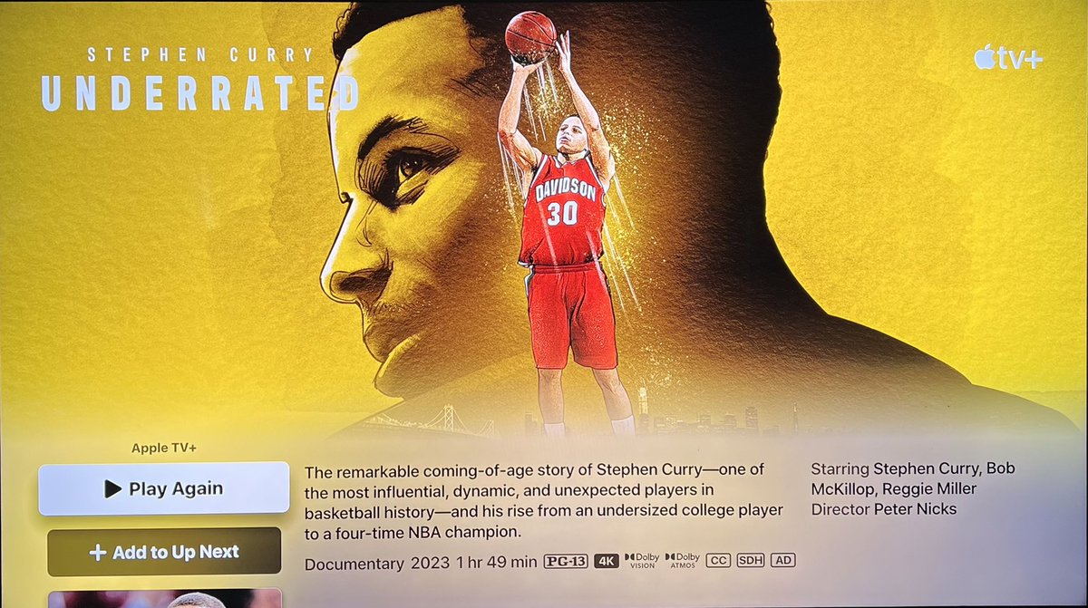 So inspirational @StephenCurry30 🙌🏽👏🏽💙💛 First thing I've watched on @AppleTV Love it! #UnderratedFilm #DubNation