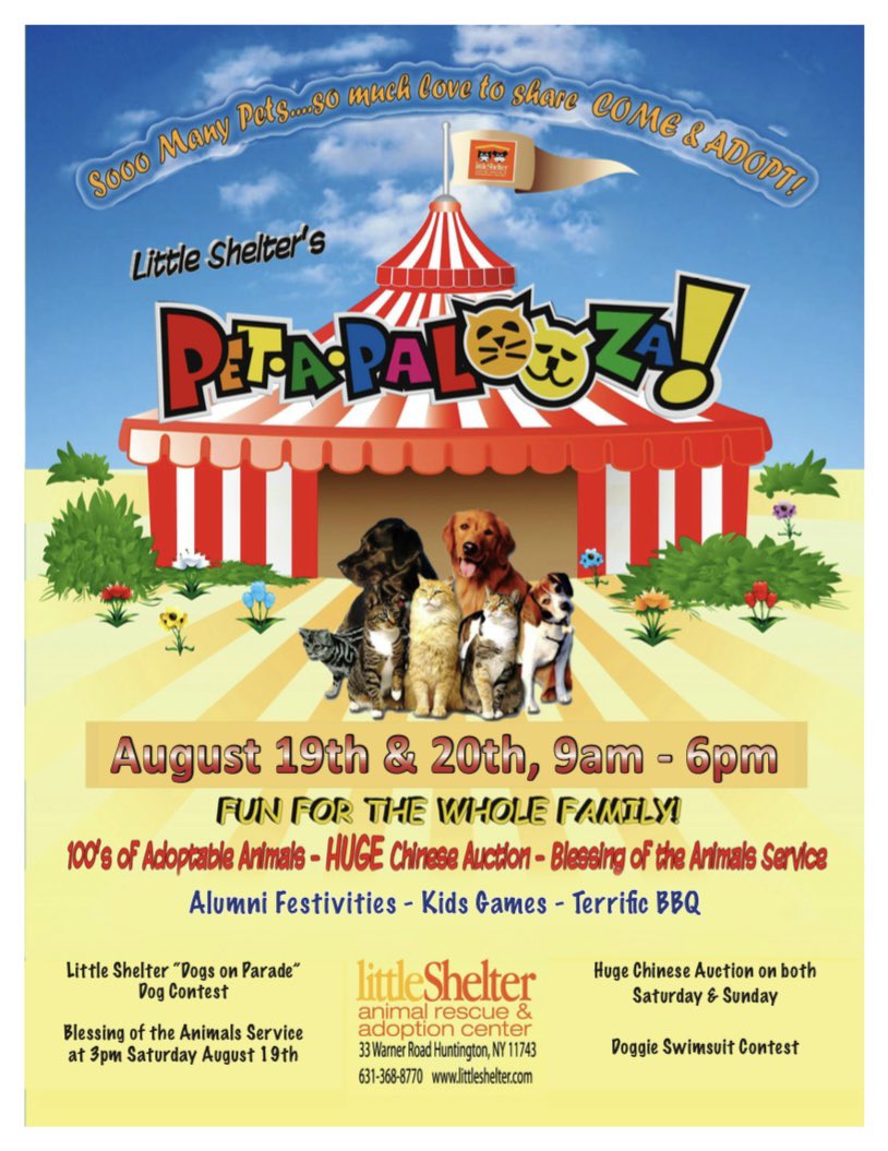 ColonTito's tweet photo. Come find your new furry family member, or bring your Little Shelter Alumni to participate in special events.With live entertainment and kid's games, there is something for every family member!
When:
Sat Aug19th &amp; AUG20th
9AM-6PM
Where:
Little Shelter
33 Warner Rd,
Huntington,Ny https://t.co/2eQ2lb6UZq