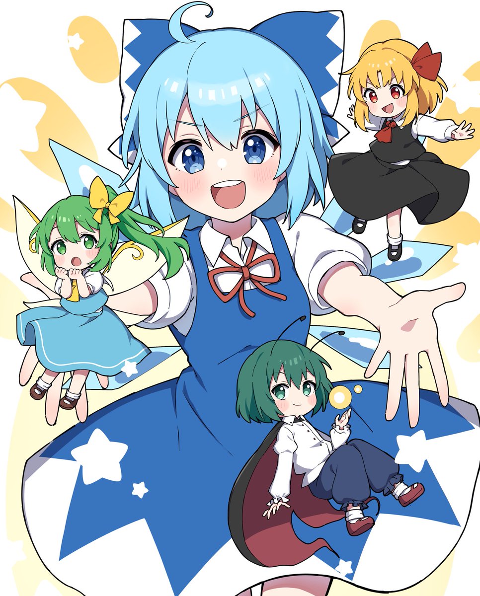 cirno ,daiyousei ,rumia ,wriggle nightbug multiple girls green hair 4girls green eyes blue hair blue eyes shirt  illustration images