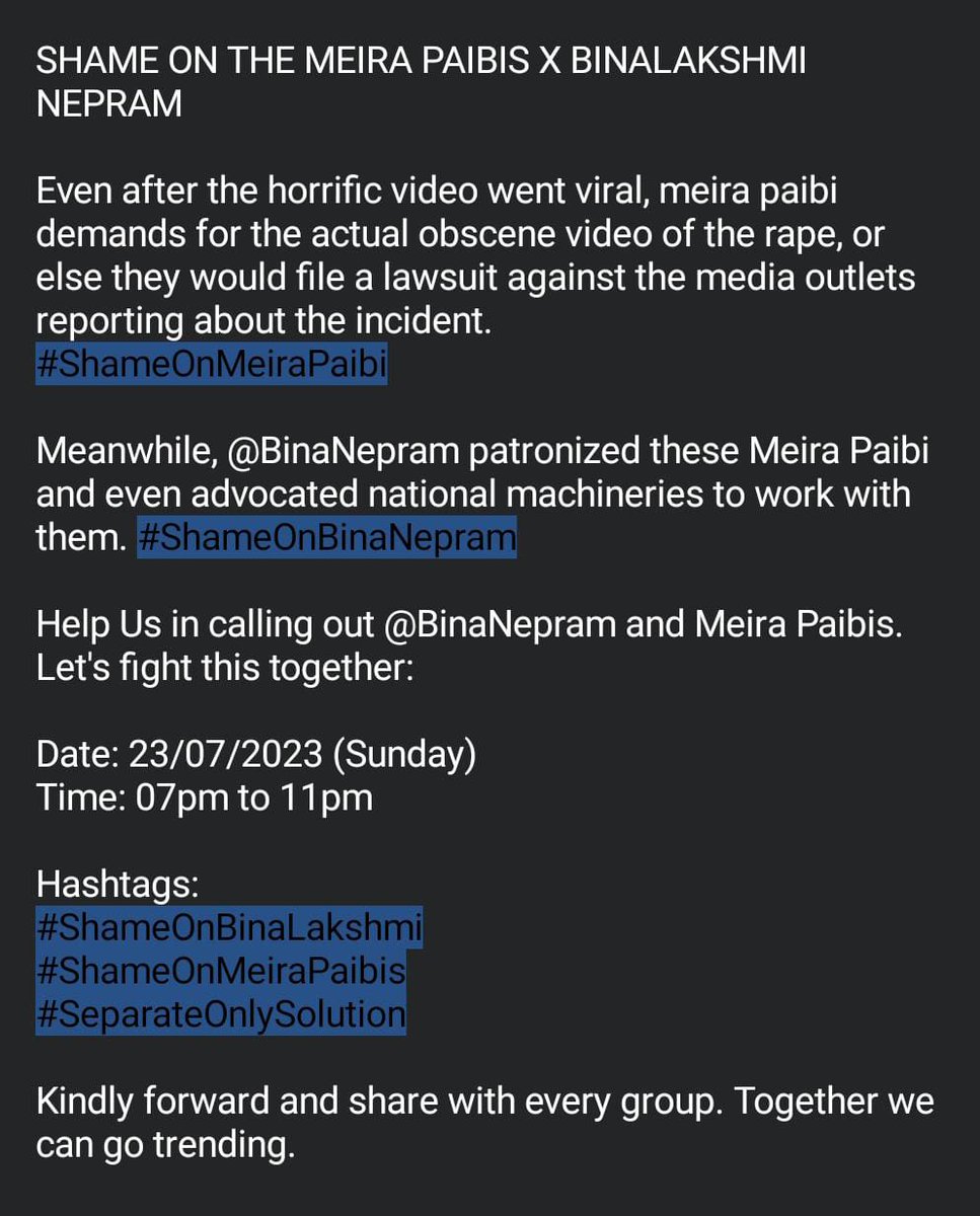valte_min's tweet photo. SHAME ON THE MEIRA PAIBIS X BINALAKSHMI NEPRAM
@BinaNepram
#ShameOnBinaLakshmi
#ShameOnMeiraPaibis
#SeparateOnlySolution
@AmitShah @NBirenSingh @narendramodi https://t.co/zJGZDhqUac