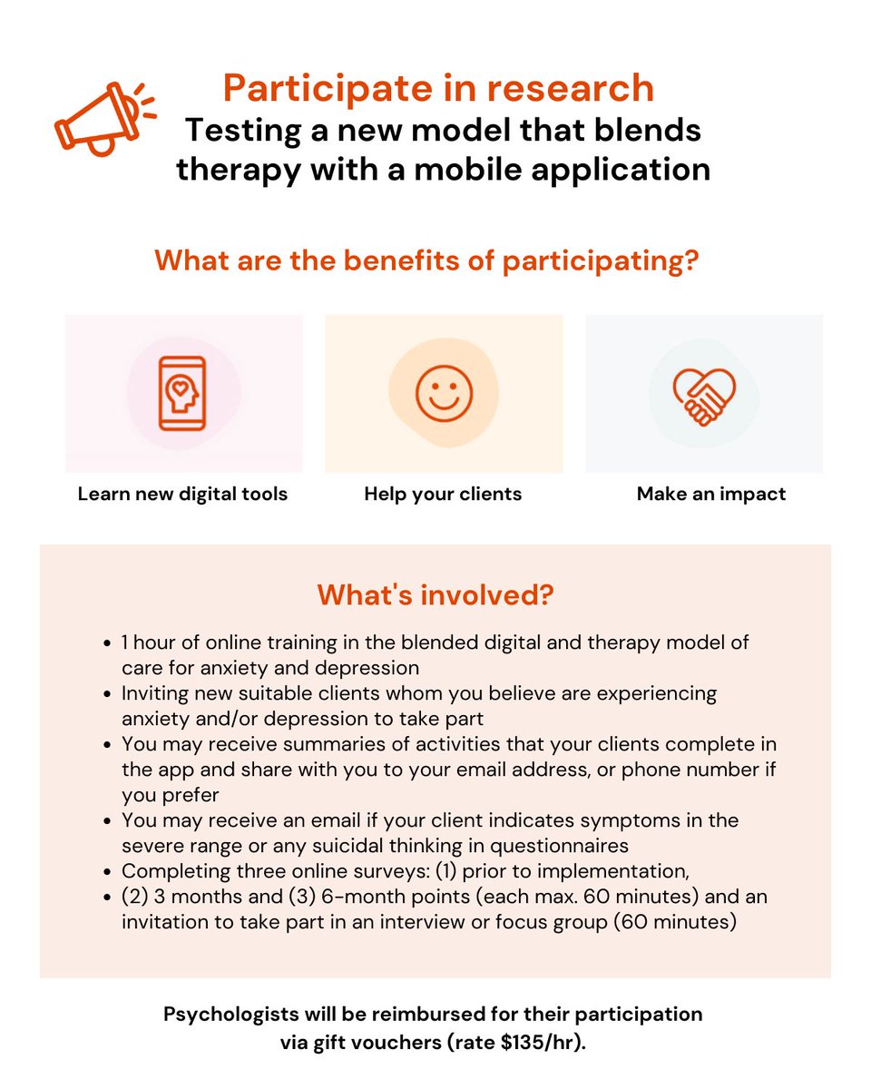 📣 We are seeking Australian #psychologists to help us evaluate a blended digital and #therapy model of care for #anxiety and #depression. Psychologists will be reimbursed for their participation via gift vouchers (rate $135/hr). Learn more 👉 bit.ly/3F58znN