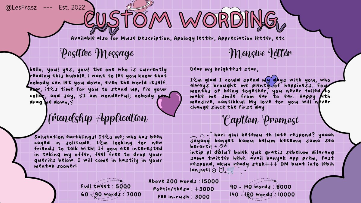 Morning, happy Sunday! Aku sudah open lagi ya Sea-tuals. 💜 

To those who have been running out of ideas, fret not; I can help compose the adequate phrases for every wording that you need; such as biography, caption upchar, pinned, and custom letter. #zonauang️