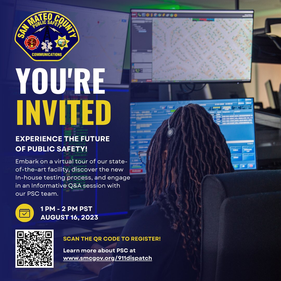 📅 Join us on August 16th from 1 pm to 2 pm PST for an exclusive virtual event with the County of San Mateo Office of Public Safety Communications!

Register to save your spot! ➡️ smcgov.zoom.us/webinar/regist…

#PublicSafety #VirtualEvent #911Dispatchers #WorkWithPurpose