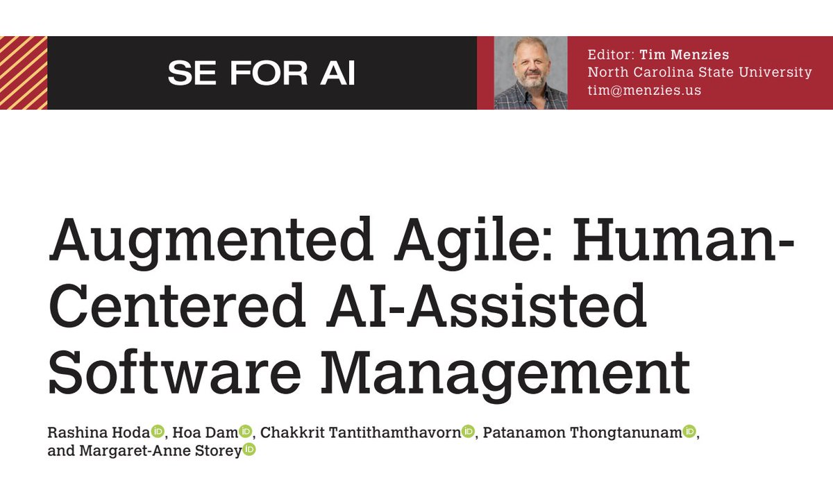 Prof Rashina Hoda ๐ (@agilerashina) on Twitter photo #Agile has us served well. But is it enough for the next era of #ProjectManagement? In our latest <a href="/ieeesoftware/">IEEE Software</a> article, edited by <a href="/timmenzies/">timmenzies</a>, we present #AugmentedAgile, a vision of a combined #humancentred heart & #AI powered mind.
wordpress.com/page/rashina.cโฆ #Agile has us served well. But is it enough for the next era of #ProjectManagement? In our latest <a href="/ieeesoftware/">IEEE Software</a> article, edited by <a href="/timmenzies/">timmenzies</a>, we present #AugmentedAgile, a vision of a combined #humancentred heart & #AI powered mind.
wordpress.com/page/rashina.cโฆ