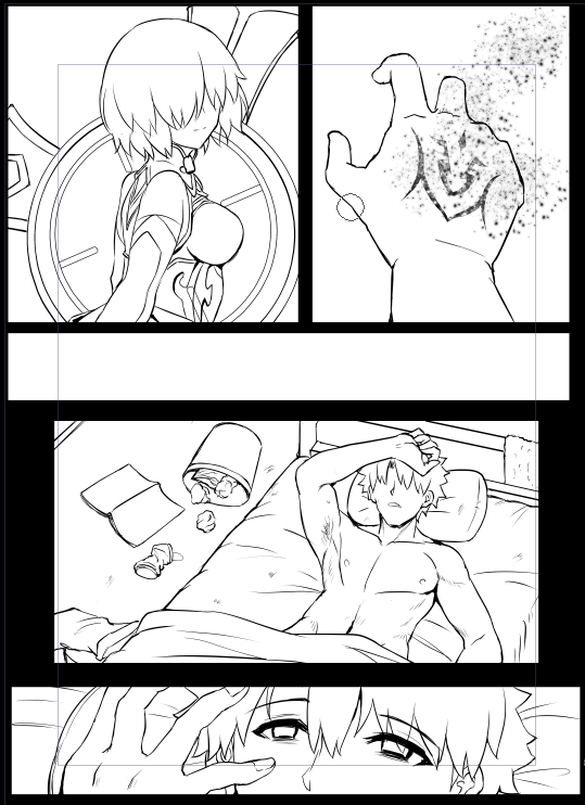 ペン入れ終わったのに盾マシュを新規で描いてる・・・やっぱ割り増しスケジュールだなぁ・・・これはァ。 