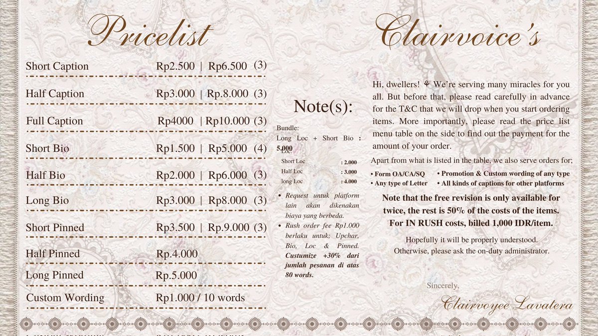 { OO2 } In order to meet your needs, @escalasssly offered a wide range of wording commission, including; Upchar, Bio/Loc/Pinned, any form of letter, Promotion, congratulatory/greetings/birthday message, etc. 🐈‍⬛ #zonauang