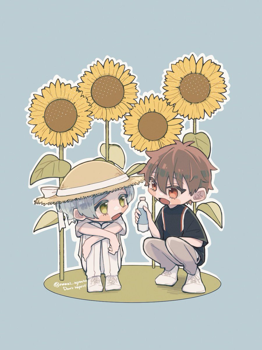 sunflower flower hat pants holding shirt holding bottle  illustration images