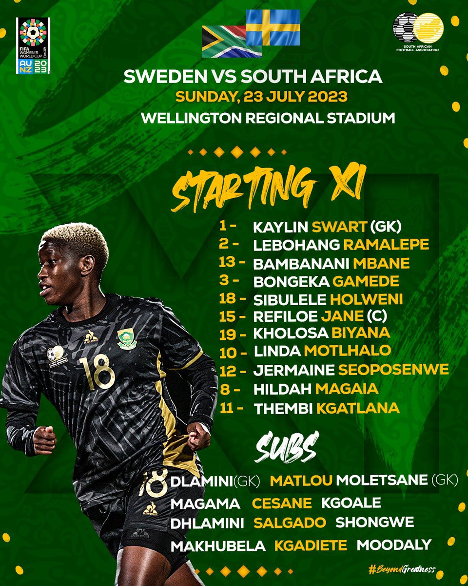 Banyana_Banyana's tweet photo. OUR STARTING LINE UP FOR OUR OPENING FIFA WOMEN’S WORLD CUP MATCH 🔥🇿🇦

💛💚💪🏽

#BeyondGreatness #FIFAWWC https://t.co/hPcTMMgFQ1