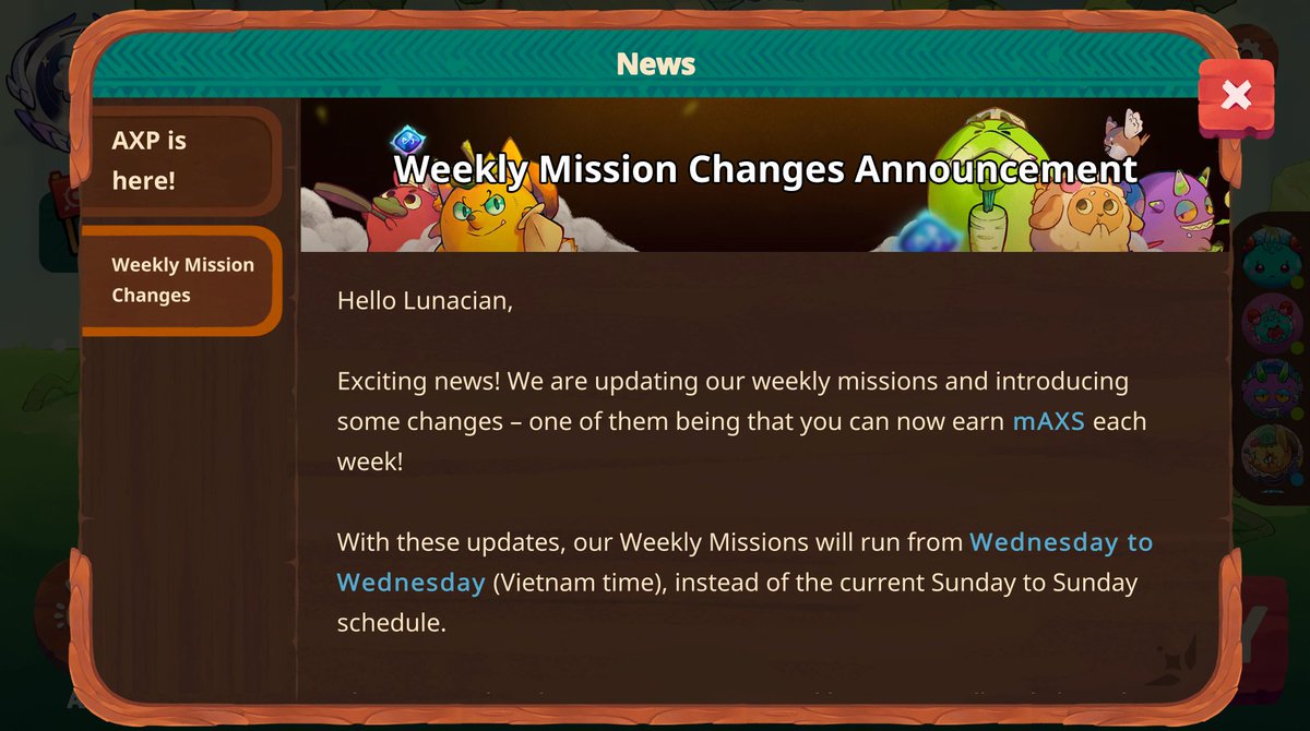 🚨Ahora se podrá ganar $AXS cada semana 🤯

Las misiones semanales serán de Miércoles a Miércoles (Hora de Vietnam) 📲

#AxieCreator #AxieOrigins #AxieInfinity
