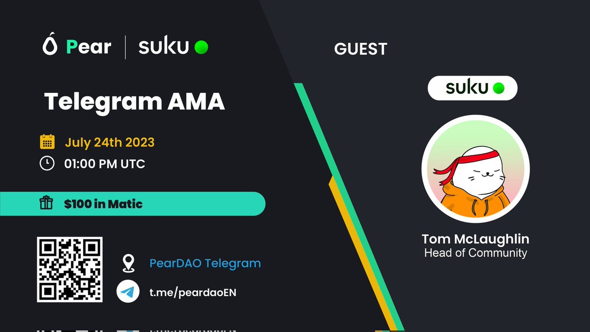 PearDAO_Arabic's tweet photo. 🎙يسعدنا أن نعلن عن #AMA مع @Suku_world

 📆الوقت: 24 يوليو الساعة 1 مساء بالتوقيت العالمي المنسق
 المكان: https://t.co/kNhml9DQd3
 🎁الجائزة: 100$ من Matic

 50$ من Matic لـ 5 أشخاص ⤵️
✅تابع @PearDAOReal و @Suku_world
 ✅إعجاب، إعادة تغريد و اشارة إلى 3 أصدقاء
 ✅انضم إلى AMA https://t.co/W7Cbveoi0G