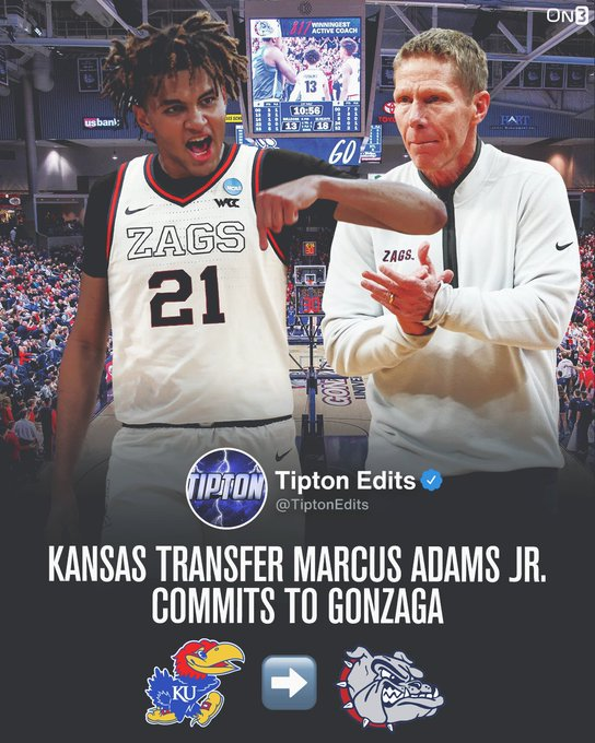 CBB: Marcus Adams Jr. will make his college basketball debut with Gonzaga after he   was released from his NLI by Kansas https://t.co/ItaYvOW3U4