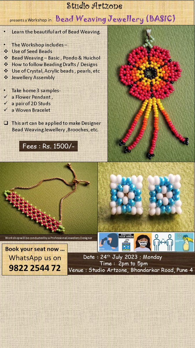 #InStudioClass #BeadWeaving #BeadedAccessories #Pune #Deccan #Techniquebased #StudioArtzone
Learn Bead Weaving Jewellery @ Studio Artzone
~ 24 Jul'23 (Mon) ...2pm to 5pm.. Rs.1500/-
WhatsApp Register on 9822 2544 72