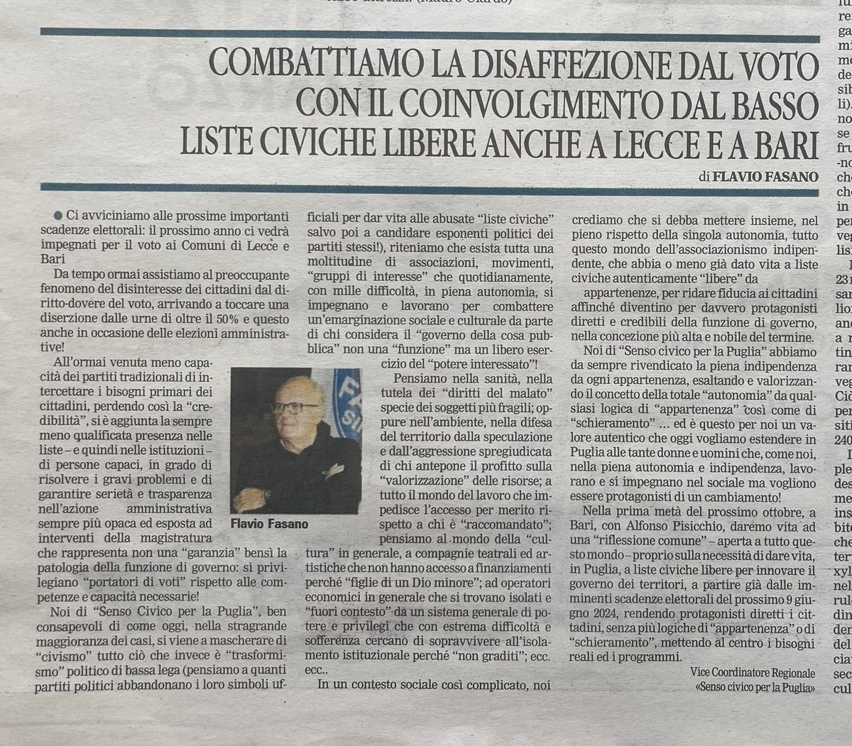 AvvFasano's tweet photo. “COMBATTIAMO LA DISAFFEZIONE DAL VOTO CON IL COINVOLGIMENTO DAL BASSO: LISTE CIVICHE LIBERE ANCHE A LECCE E A BARI”. Qui il mio intervento politico per “Senso Civico per la Puglia” pubblicato su “La Gazzetta del Mezzogiorno” di oggi, domenica 23 luglio 2023. https://t.co/Jx8crTTRiP