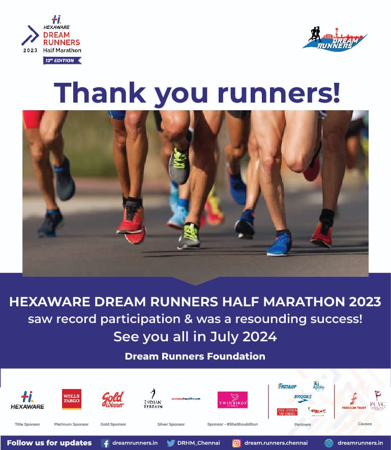 DRHM_Chennai's tweet photo. Thank you runners! for helping make Hexaware Dream Runners Half Marathon 2023 a successful event.
@HexawareGlobal
@WellsFargo
@GetAHSolutions
@1ndianTerrain
@twinbirdsonline
@goldwinnerindia
@FastandUp_India
#DreamRunners
#DRHM2023
#Hexaware
#LetUsRunSoTheyCanWalk
#RunResponsible https://t.co/FSULObwnGJ