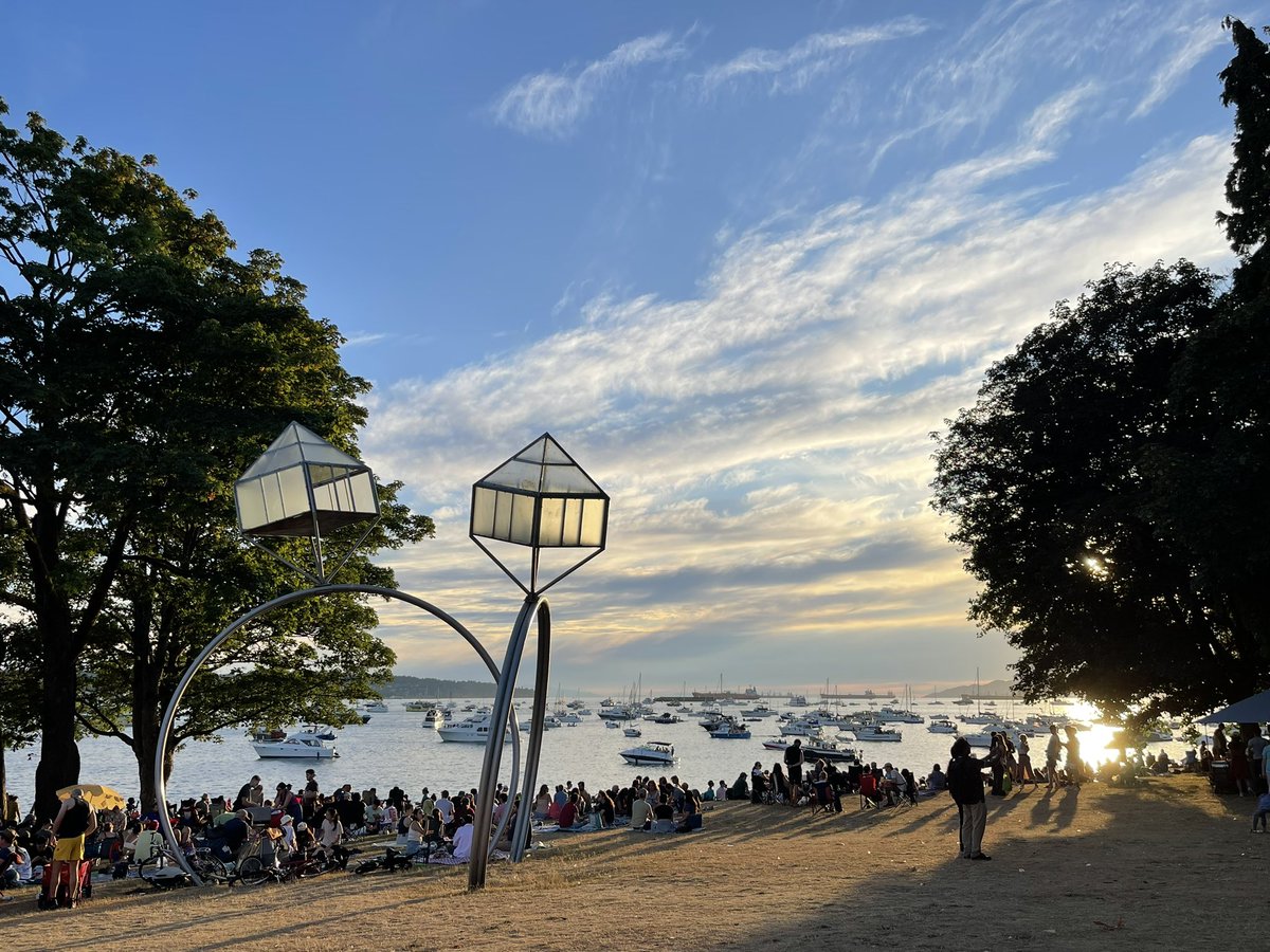It’s a beautiful evening to wait with thousands of others on foot, bike and boat for the fireworks at English Bay. #Vancouver