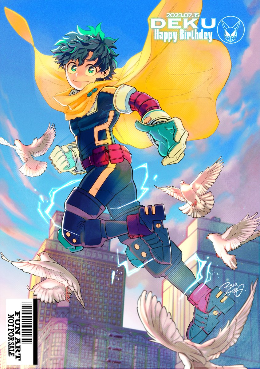 midoriya izuku 1boy male focus gloves dove bird yellow cape green hair  illustration images