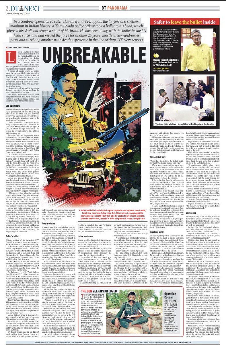 In an ambush by brigand Veerappan, a #TamilNadu Policeman was hit by a bullet which pierced his skull. 

The bullet was never removed. He served TN Police for another 25 years and survived another near-death experience. 

He retired from service 6 months ago. Link at end of 🧵