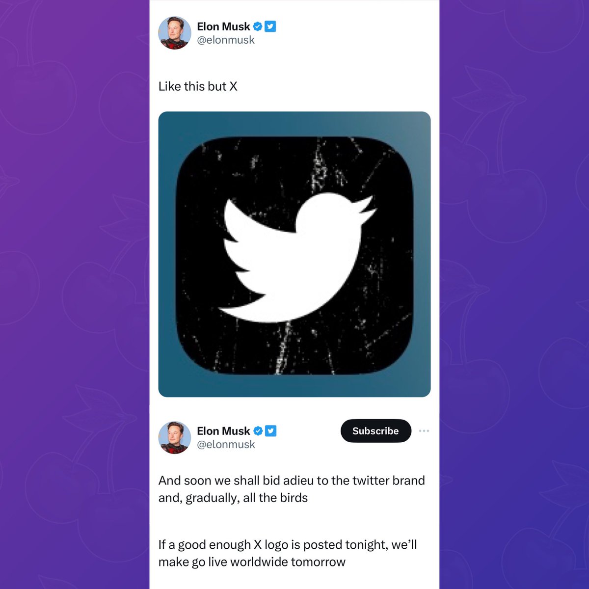 PopBase's tweet photo. Elon Musk is considering changing the bird Twitter logo to an ‘X.’ https://t.co/69MXXHdXId